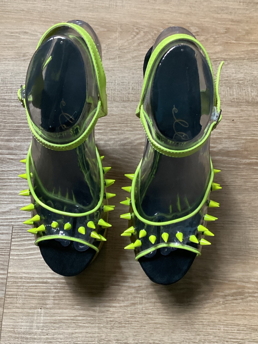 Ellie Neon Lime Spike Clear Ankle-Strap Heels Size 9 Heel 7”